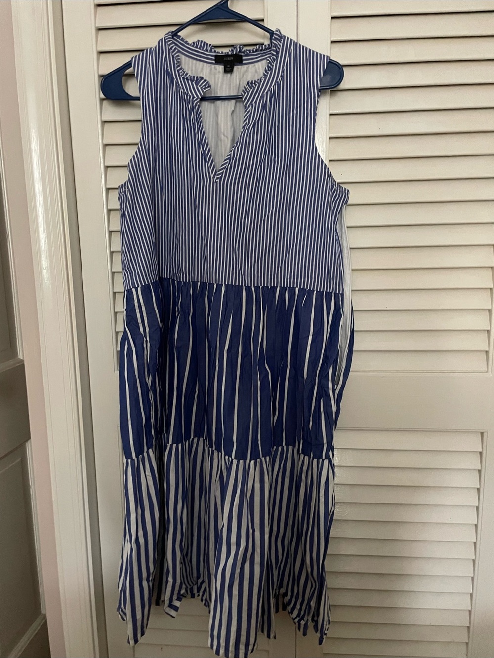 J. Crew Blue and White Striped Sleeveless Tiered Sundress
